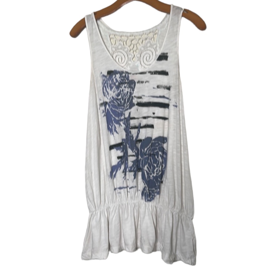 Free People Boho Rose Ruffle Macrame Back Embroidered Tank Top White Size Medium